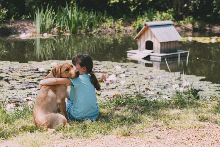 Friendship of animals and children, people.  girl sits on the bank of a pond and hugs a labrador 