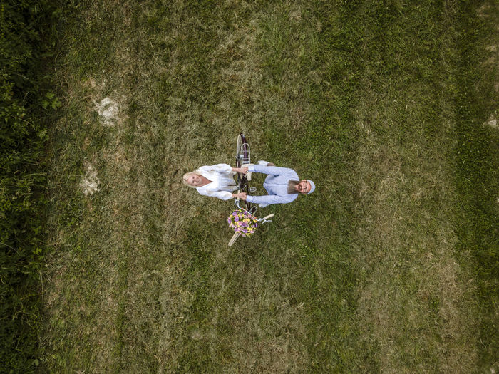 High angle view of people on grass