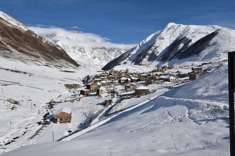 Winter in ushguli in the caucasus mountains in samegrelo-zemo svaneti region, georgia