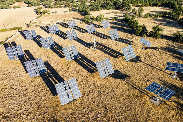 Solar panels in a countryside. aerial view