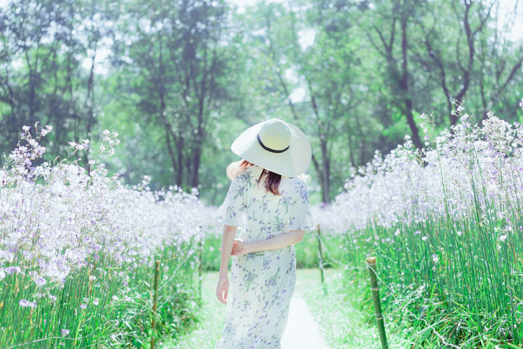Rear view of woman standing by flowering plants on field