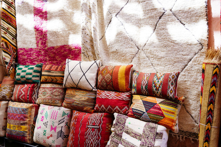 Colorful cushions for selling on a market in morocco