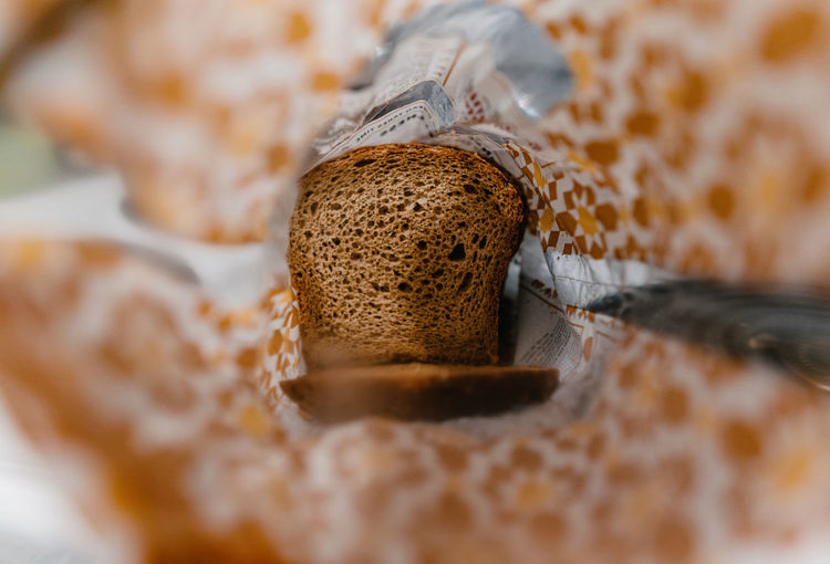 Top down view of bread in packaging.