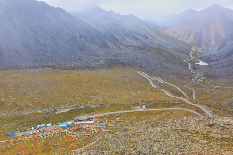 High angle view of land and mountains