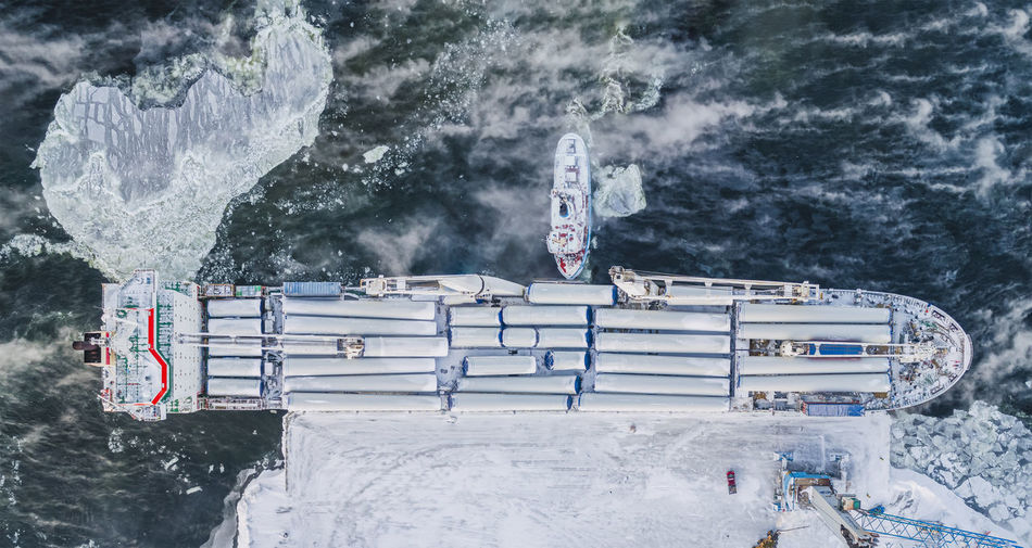 Aerial view of ship in harbor in winter