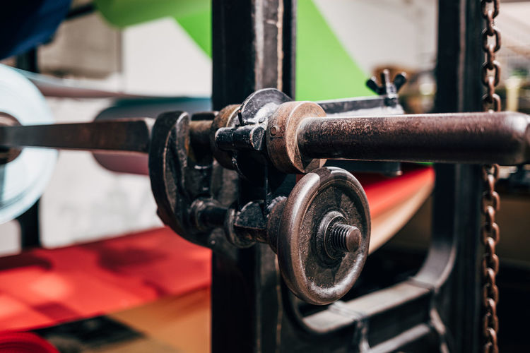 Close-up of metallic equipment indoors