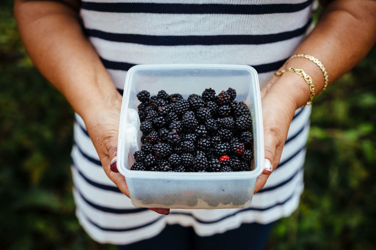 Midsection of woman holding blackberries in container