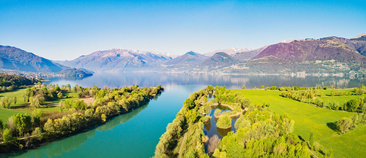 Panoramic view of lake and mountains against clear sky