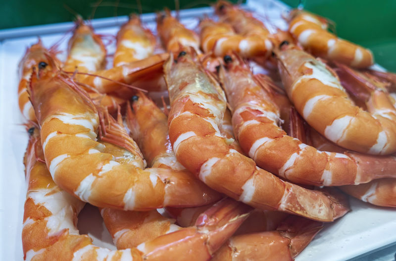 Close-up of freshly cooked shrimps for sale
