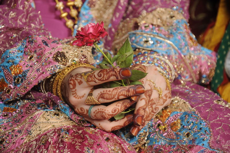 Midsection of bride in sari holding rose