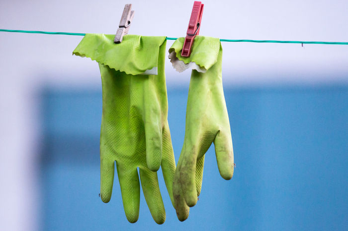 Rubber gloves on clothesline