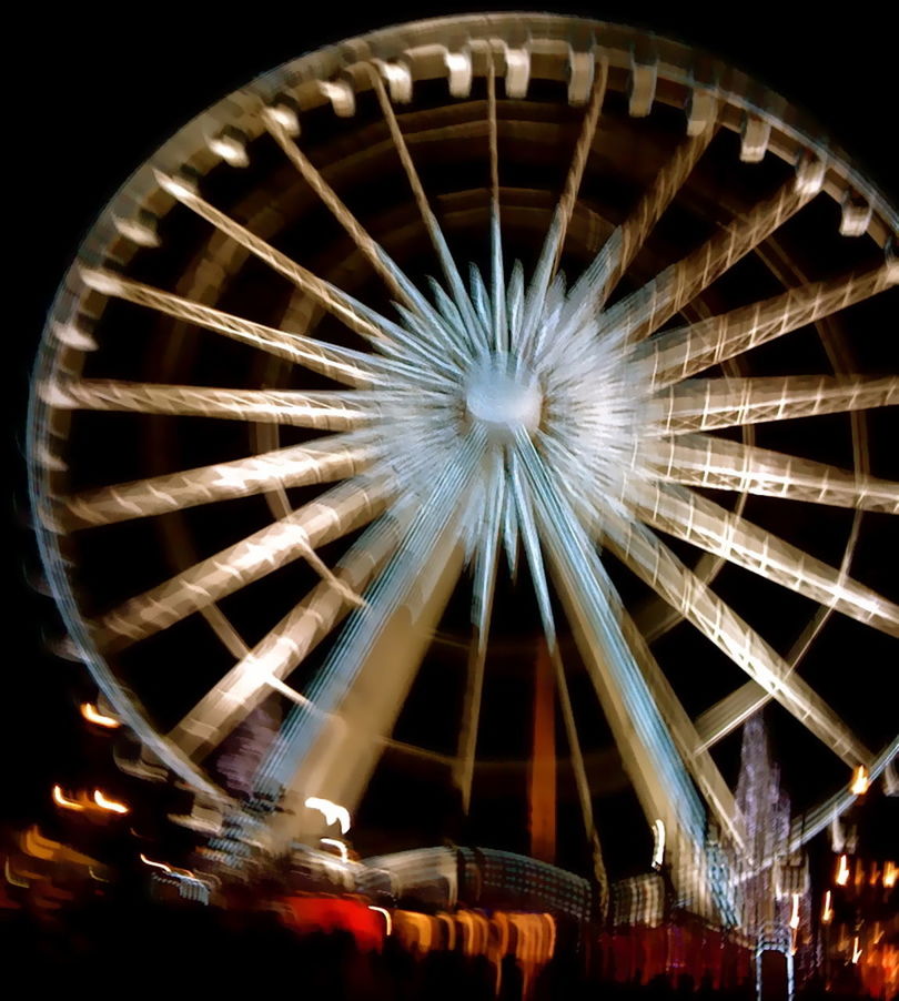 low angle view, night, illuminated, circle, arts culture and entertainment, pattern, metal, glowing, sky, geometric shape, no people, lighting equipment, shape, amusement park ride, metallic, design, ferris wheel, close-up, outdoors, built structure