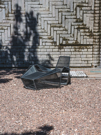 High angle view chair and table outdoors