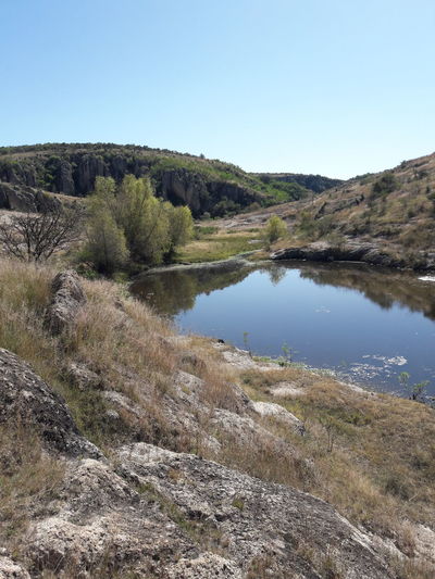 Scenic view of lake against clear sky