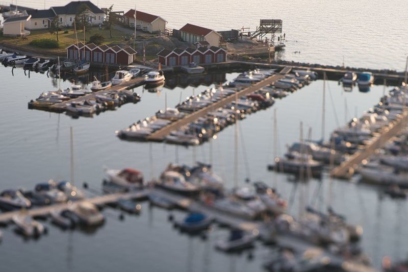 High angle view of boats at marina