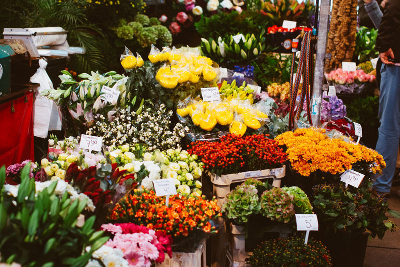 Various flowers for sale at market stall