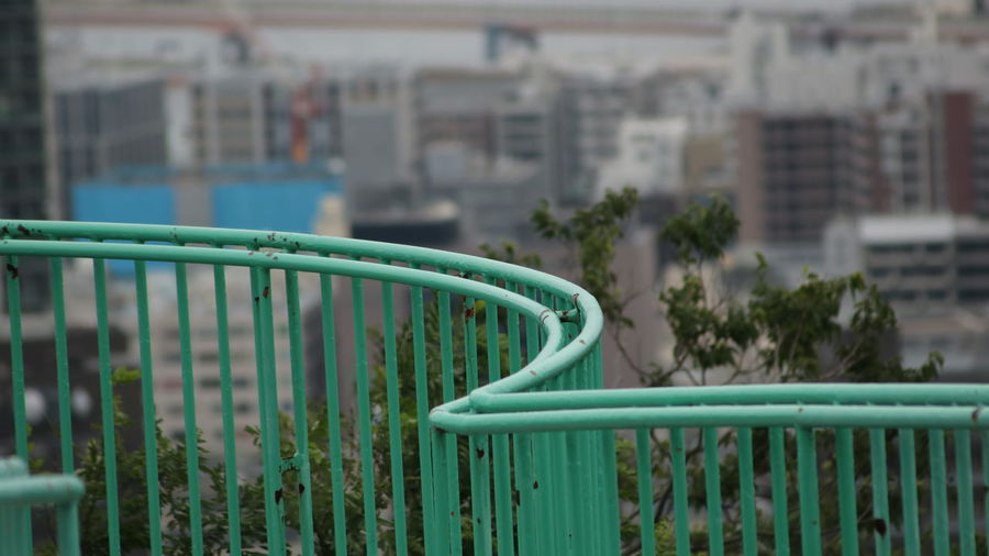 Close-up of metal railing against plants