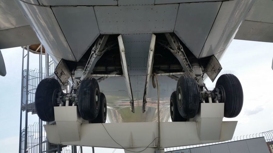 Low angle view of airplane wheels