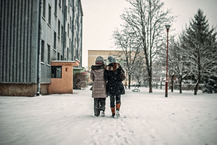 Rear view of friends walking in snow covered park by building at city
