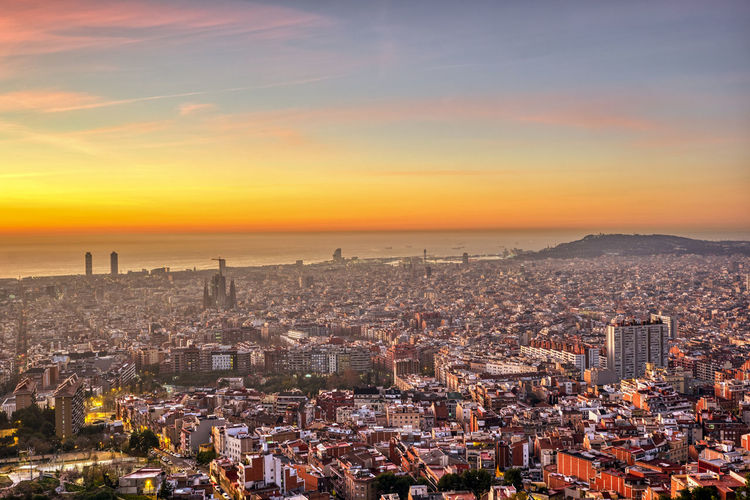 View of barcelona in spain just before sunrise