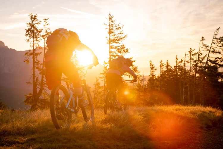 2 adults riding their mountain bikes in early morning light on footpath, lens flare, backlight