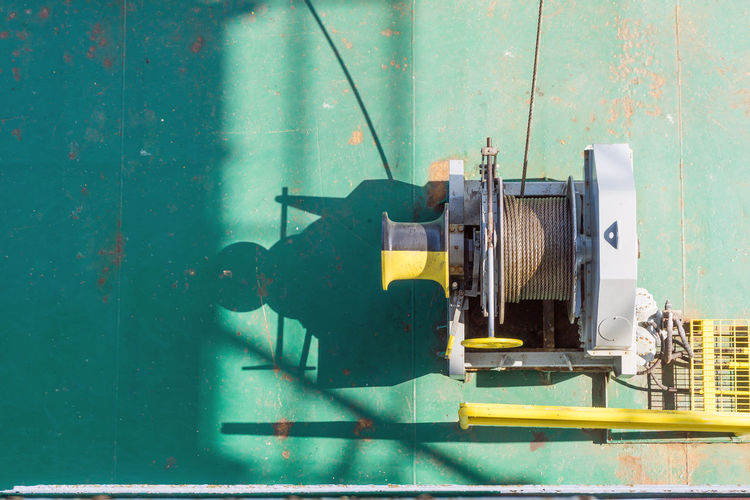 High angle view of equipment in boat