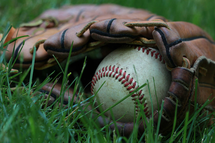 Close-up of baseball on grass