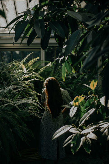 Portrait of a young woman amidst plants during sunset