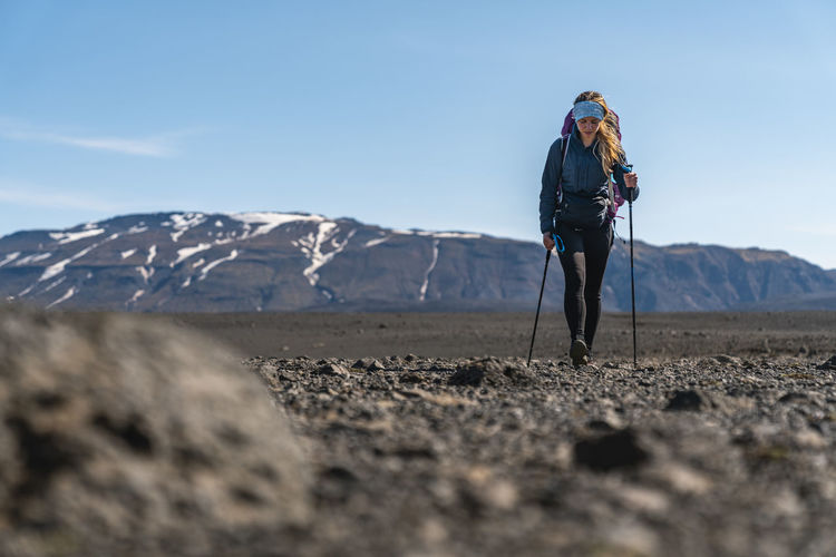 Female crossing iceland on foot through highlands
