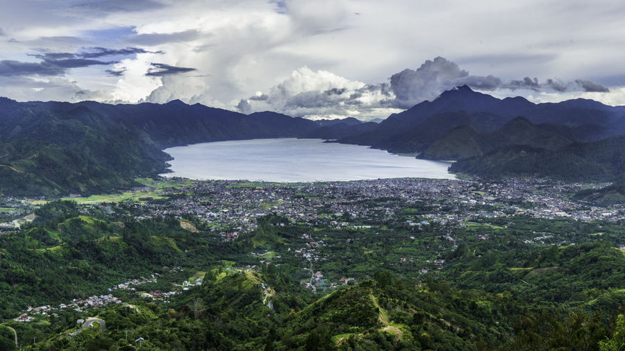 Lake takengon and takengon from the bur telege peak in aceh indonesia