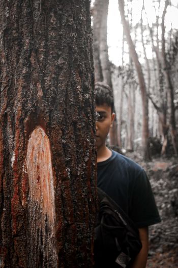 Young man standing by tree trunk in forest