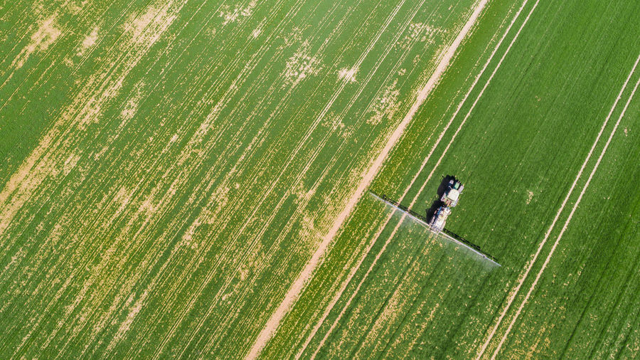 Aerial view of agricultural machinery in farm