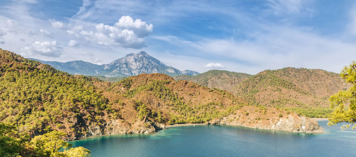 Scenic view of lake and mountains against sky