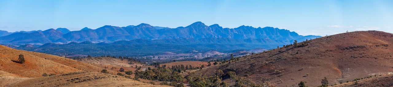 Panoramic view of mountains against blue sky