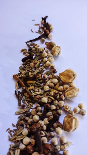 High angle view of spices over white background