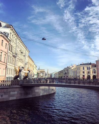 View of buildings by river against cloudy sky