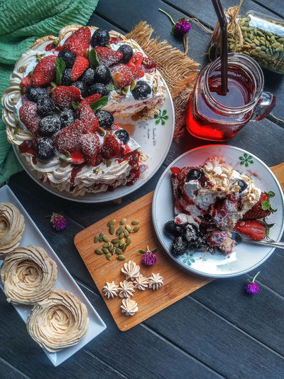 High angle view of deserts served on table