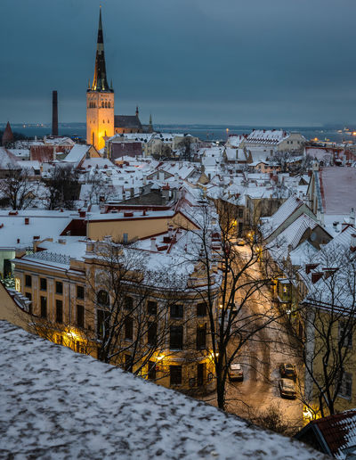 High angle view of buildings during winter