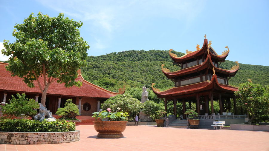 Temple by tree mountain