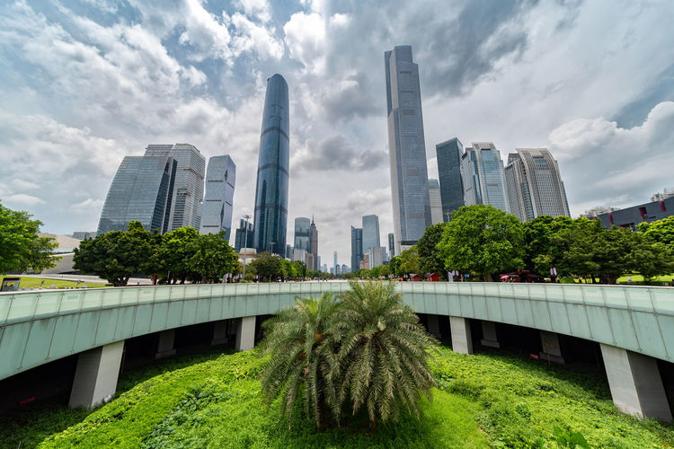 View of modern buildings against cloudy sky