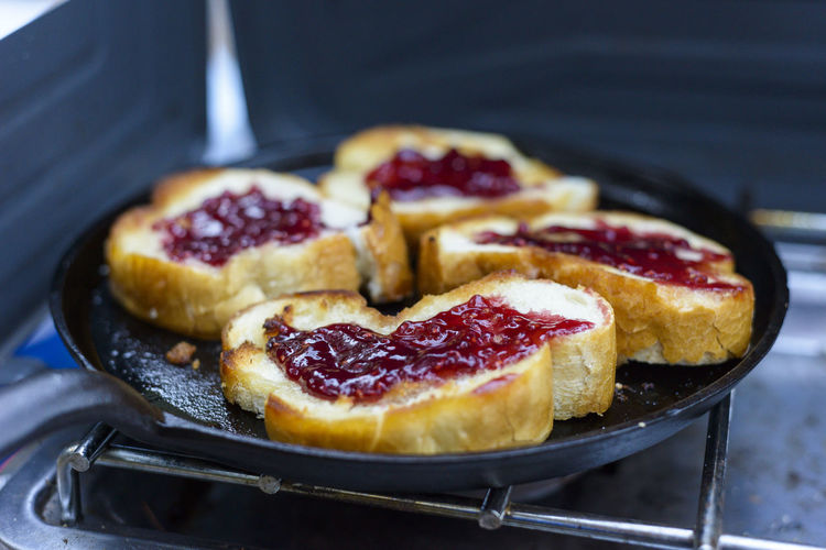 Toast with jelly on cast iron skillet