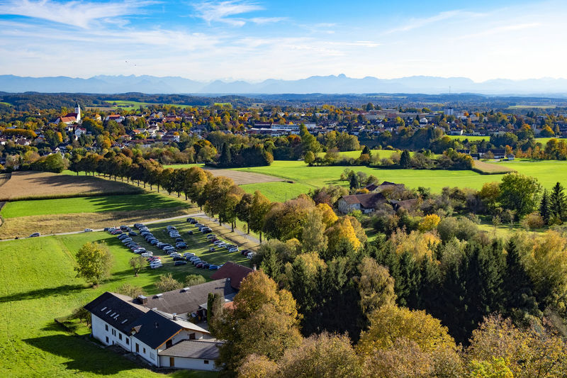 Autumn landscape and city of ebersberg in upper bavaria and heldenallee to ludwigshöhe