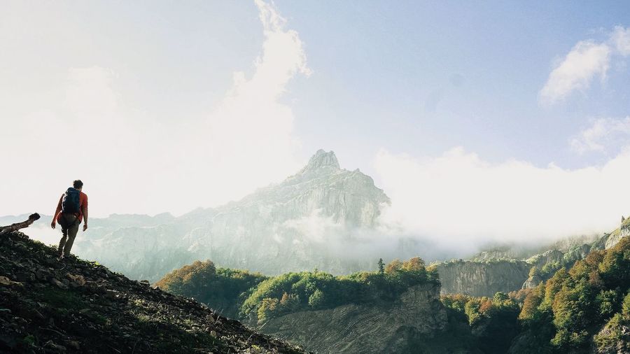 Panoramic view of mountain range against sky