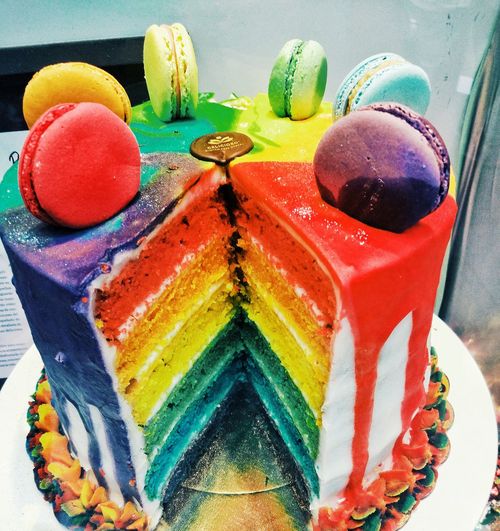 Close-up of multi colored cake on table