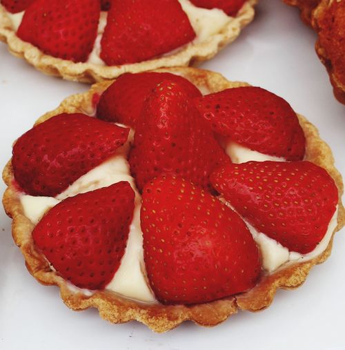 Close-up of strawberries tart on table