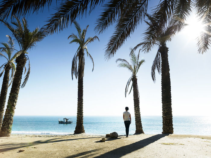 Woman contemplating the sea between palm trees on the beach of p