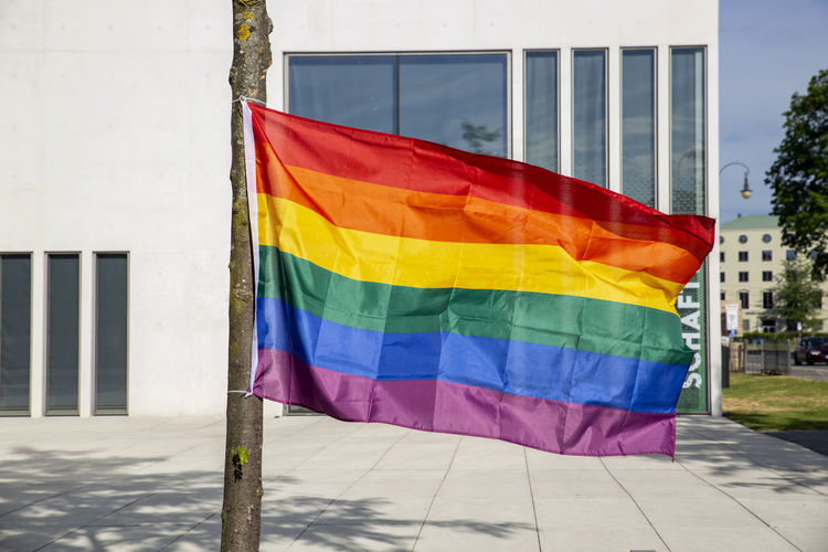 Germany, bavaria, munich, rainbow flag in front of national socialism-documentation centre