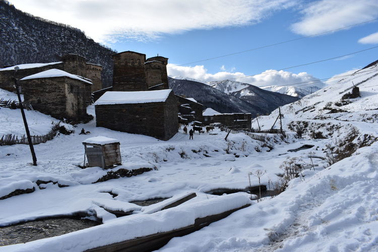 Winter in ushguli in the caucasus mountains in samegrelo-zemo svaneti region, georgia