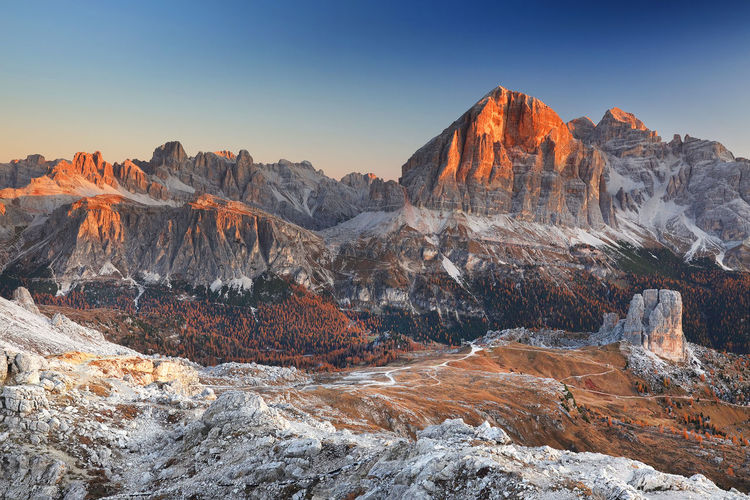 Scenic view of rock formations against clear sky during winter