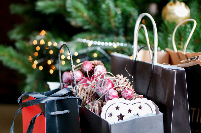Close-up of christmas decorations in shopping bags 